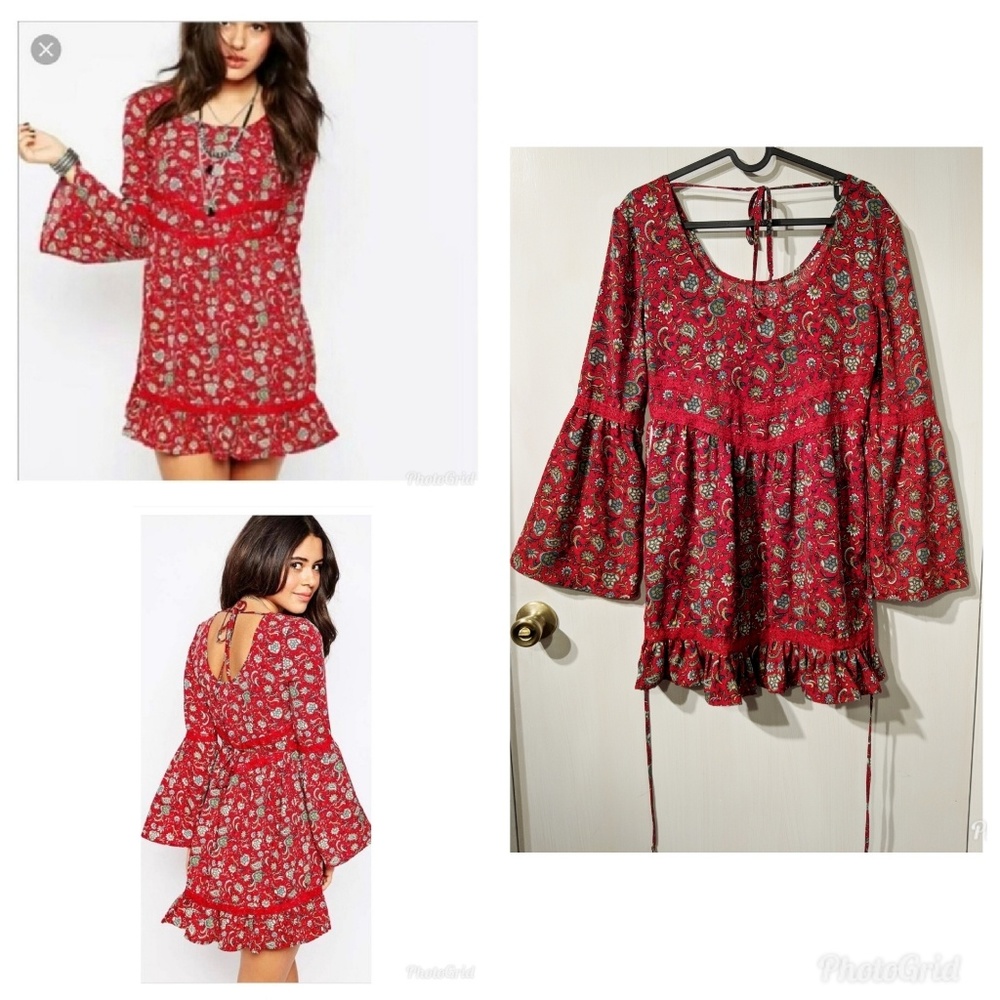 Band of Gypsies Red Boho Bell Sleeve Dress Size XS